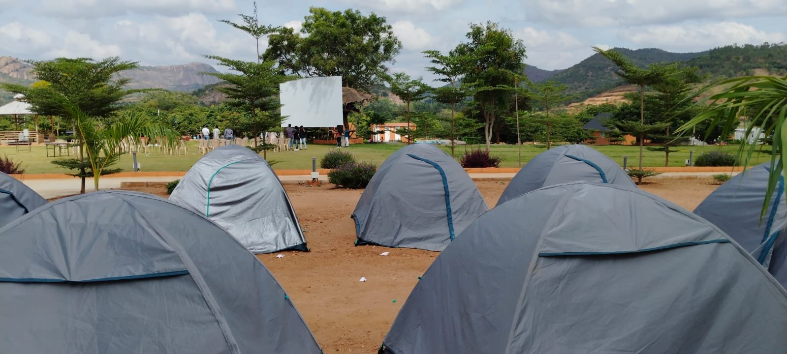 Camping tents with the hills in the background