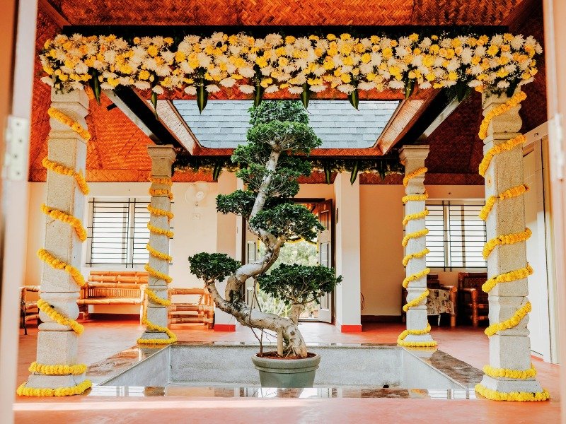 Flower-decorated traditional courtyard at the resort